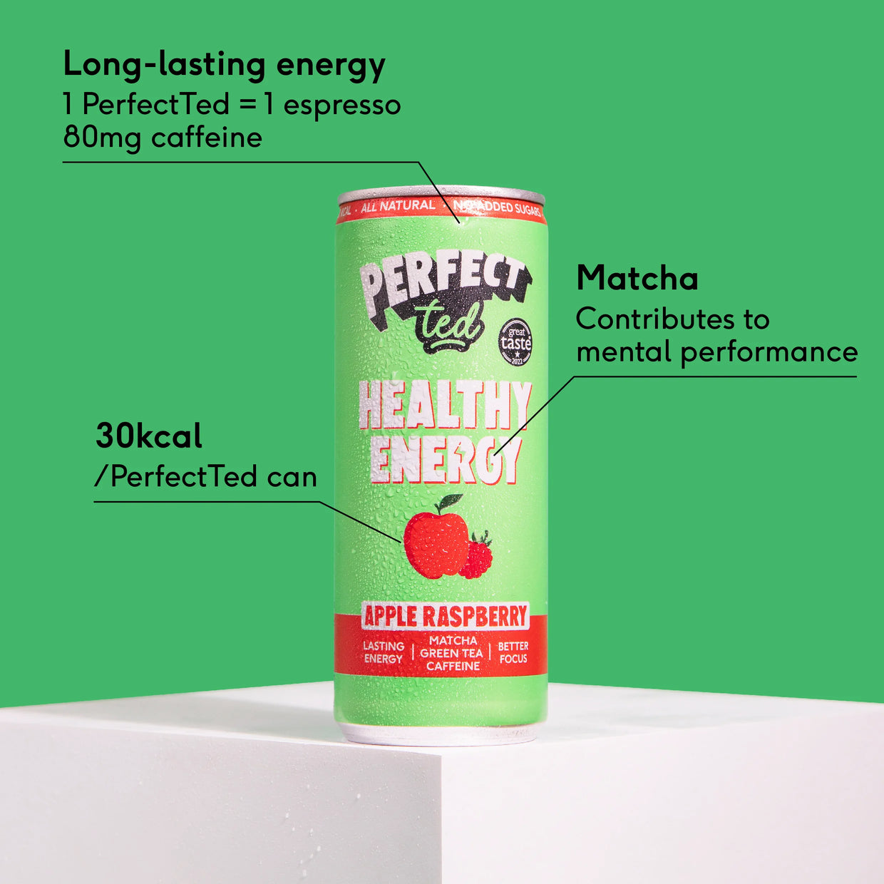 PerfectTed Apple Raspberry Energy Drink with key stats