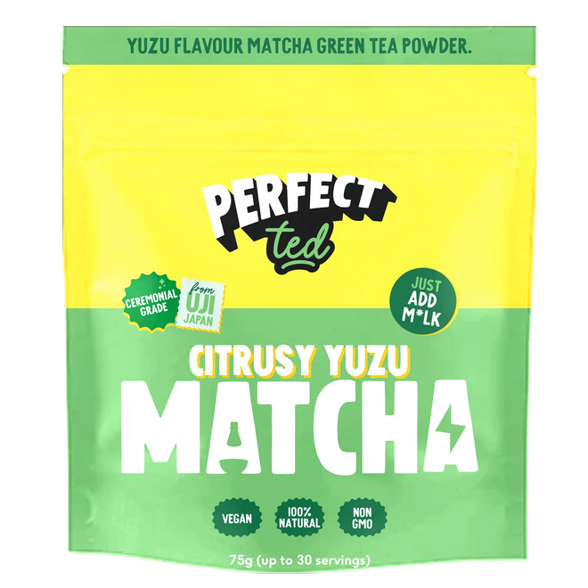 75g pouch of citrusy yuzu matcha latte powder