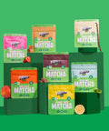 7 flavoured matcha latte pouches with corresponding fruit or food