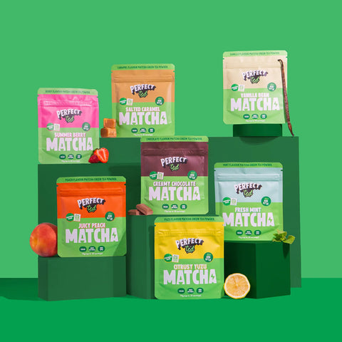 7 flavoured matcha latte pouches with corresponding fruit or food