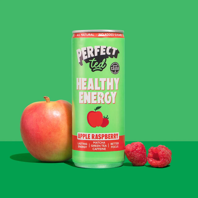 Can of Apple Raspberry Healthy energy drink with fruit