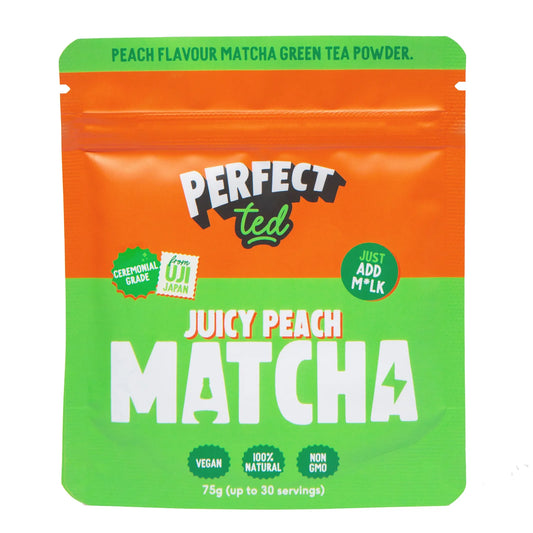 75g pouch of juice peach matcha latte powder