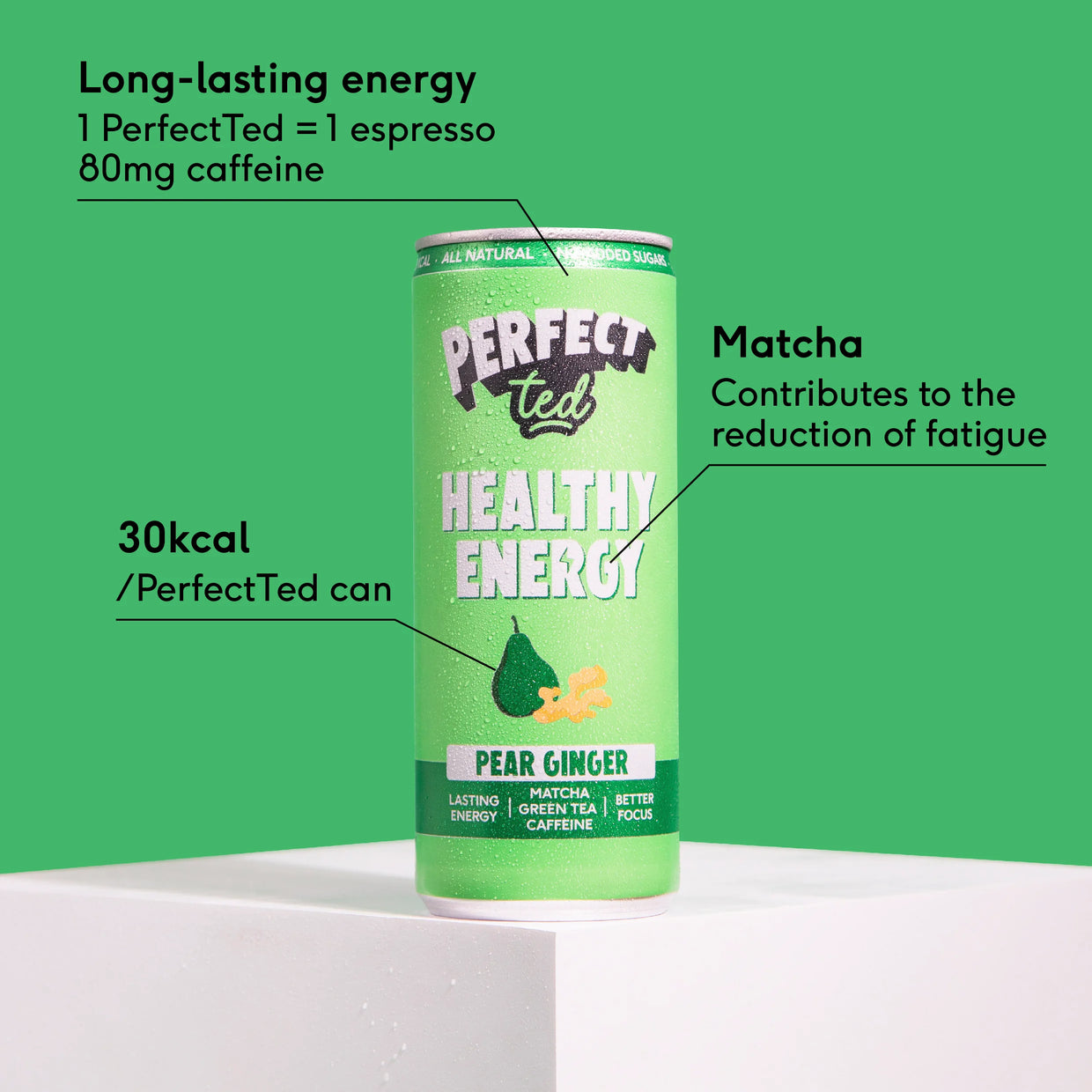 Pear Ginger Healthy Energy Drink can with key stats