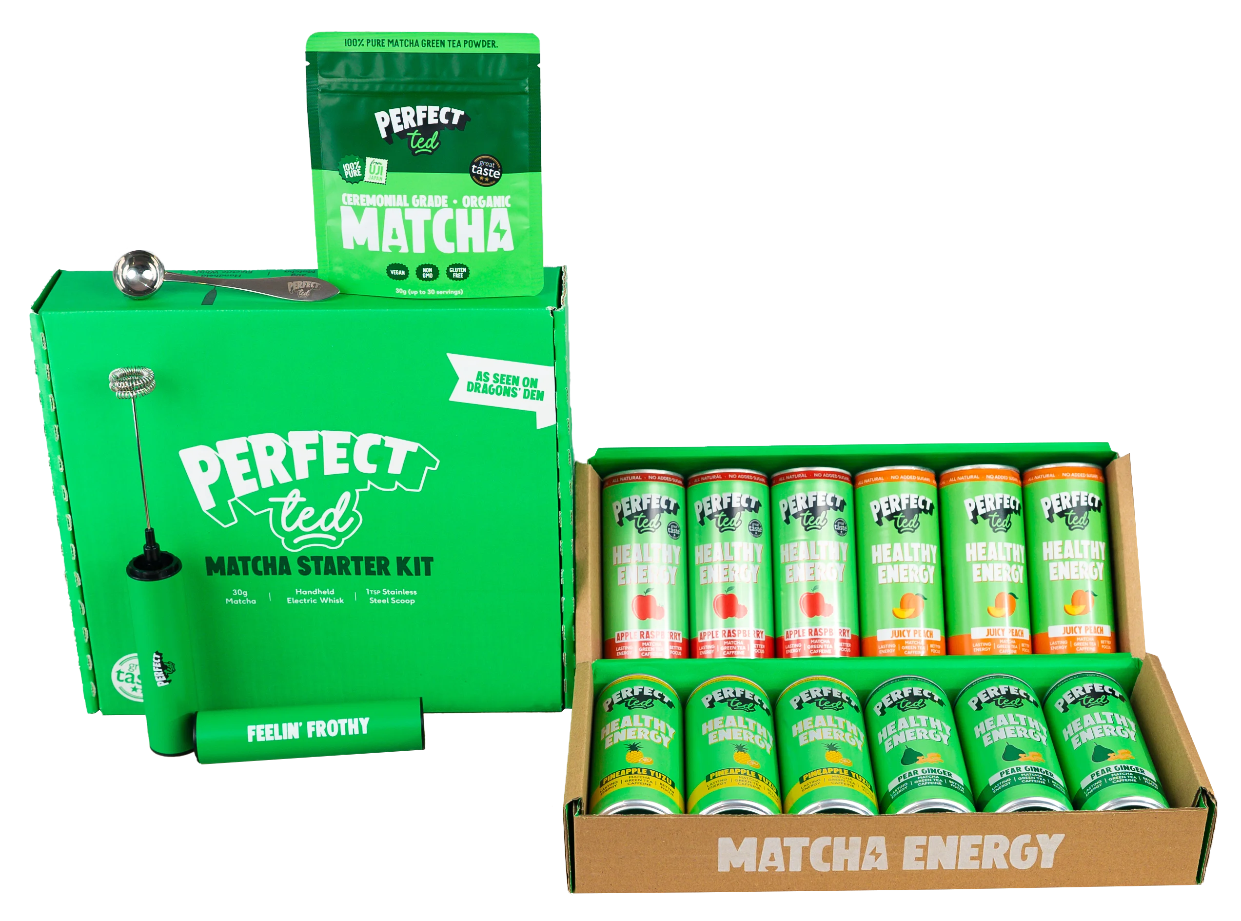 Perfectted Dragons Den Bundle with drinks and matcha powder