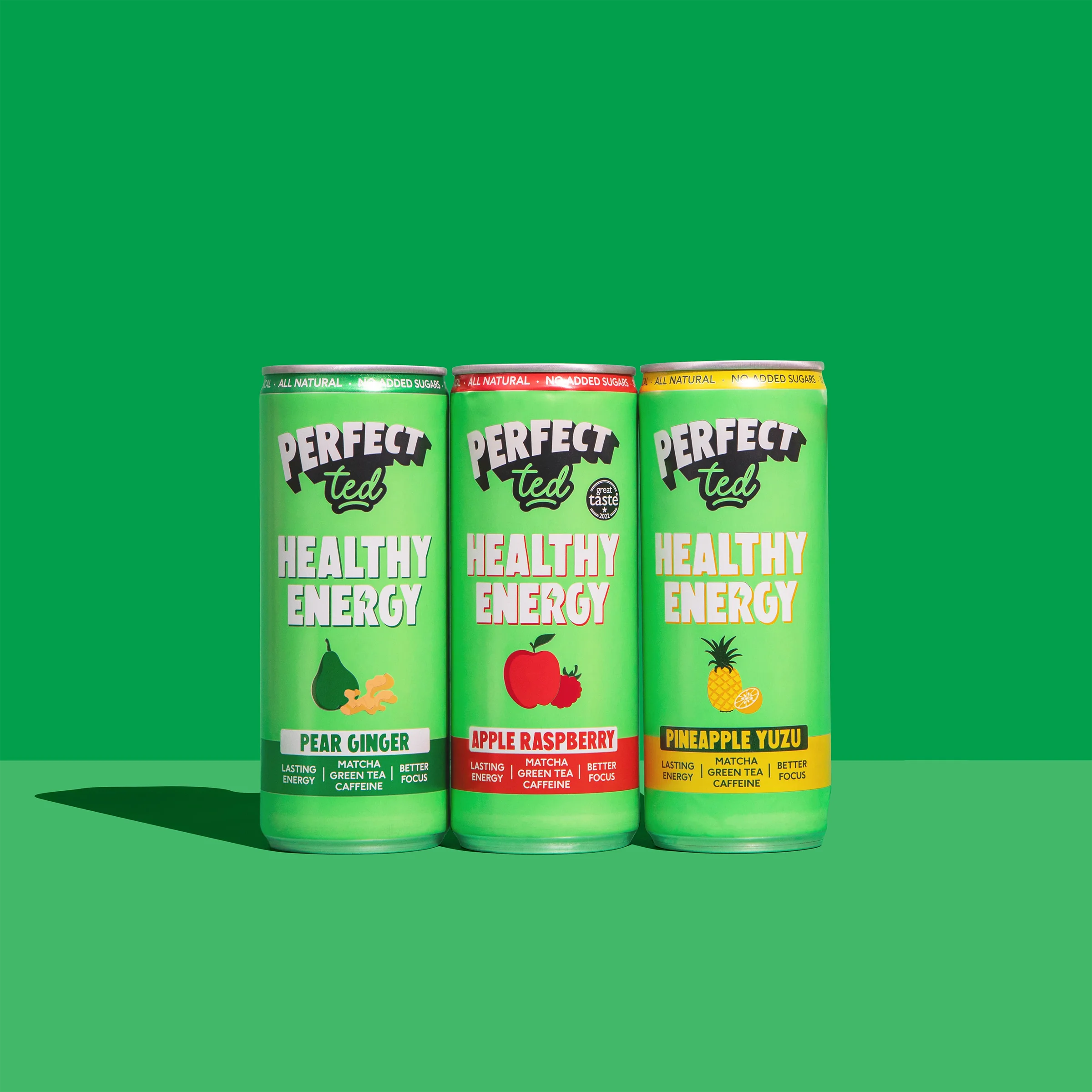 Trio of PerfectTed healthy energy drinks on bright green background