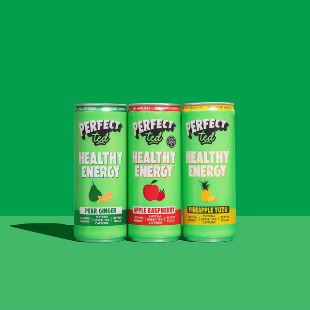Trio of PerfectTed healthy energy drinks on bright green background