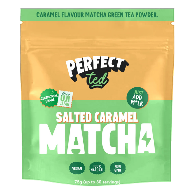 75g pouch of salted caramel matcha latte powder