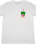 Graphic white t-shirt with Joe & the Juice matcha latte illustration