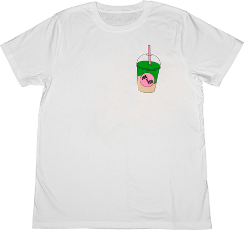 Graphic white t-shirt with Joe & the Juice matcha latte illustration